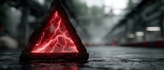 Red Lightning Symbol Inside a Triangle Shaped Rock on a Rainy Urban Street with Blurred Background and Misty Atmosphere
