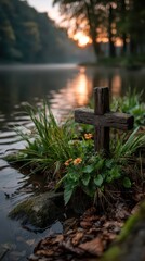 Wooden Cross Surrounded by Natural Elements and Flowers Near Tranquil Water at Sunrise in a Serene Landscape