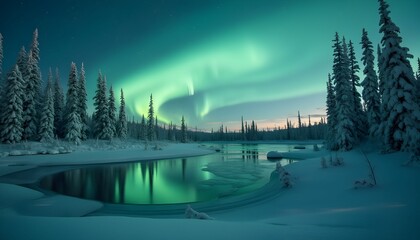 Fototapeta premium Northern Lights Dance Over a Frozen Winter Landscape