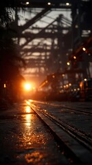 Glowing Sunset Reflection on Industrial Rail Tracks in Urban Environment with Cranes and Machinery Silhouetted Against the Sky