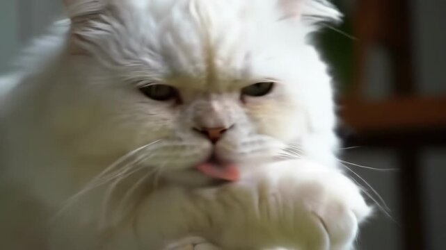 White cat grooming itself indoors, head and paw focused, blurred background, for pet care articles