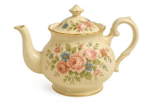 Ceramic teapot featuring a classic design with beautiful painted flowers, perfect for tea time, on transparent background