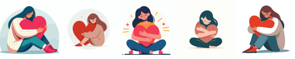 vector of a woman hugging a heart