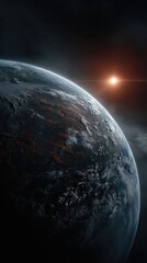Stunning View of a Blue Planet with Glowing Sunlight in Space Featuring Atmospheric Details and Evolving Terrain