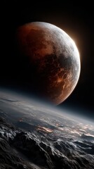 Majestic View of a Dramatic Earth and Moon Combination with Fiery Glow and Textured Landscape in Outer Space Environment