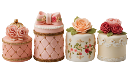 Collection of four small marie antoinette style cakes with pink and white icing, rococo wedding, isolated transparent background.
