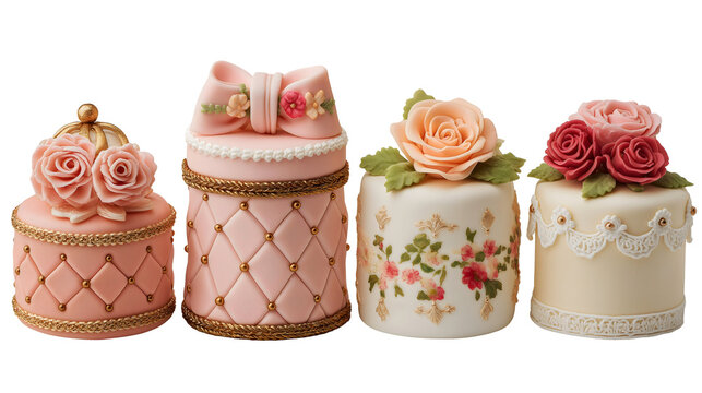 Collection of four small marie antoinette style cakes with pink and white icing, rococo wedding, isolated transparent background. 