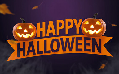 Happy halloween text with jack o lanterns and falling leaves