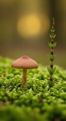 Tiny mushroom grows amidst lush green moss forest floor serene nature closeup detail