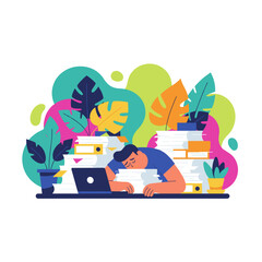 Exhausted employee sleeping on desk surrounded by massive paperwork symbolizing stress and burnout