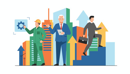 Diverse professionals representing industry and corporate growth in a modern city setting