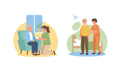 Elderly care illustration showing nurses helping seniors with daily tasks and walking support