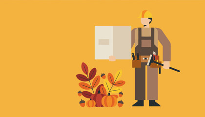 Handyman worker holding a package surrounded by pumpkins and autumn leaves Seasonal delivery service