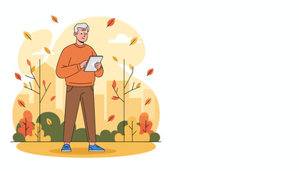 Happy senior man using a digital tablet outdoors in a colorful autumn park setting