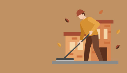 Worker sweeping fallen autumn leaves outside a building Seasonal maintenance illustration
