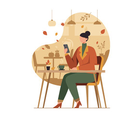 Cozy autumn cafe scene Woman uses phone enjoying hot coffee amidst falling leaves