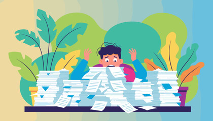 Businessman buried under piles of paper representing workload stress office burnout and deadlines