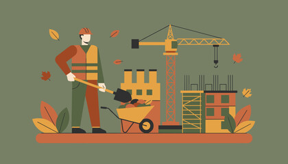 Construction worker with a shovel and wheelbarrow at building site with crane flat design illustration
