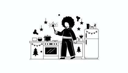 Black and white vector Person vlogging holiday cooking in a festive kitchen Food content creation