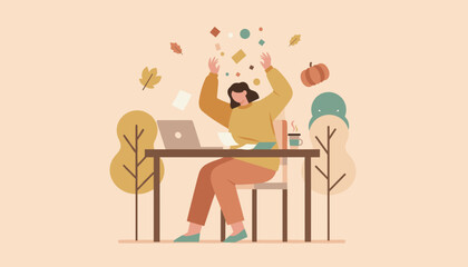 Woman celebrates digital work achievement in a cozy autumn outdoor setting