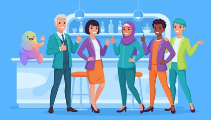 Diverse business team giving thumbs up with a friendly mascot symbolizing success and positive teamwork