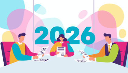 Business team planning 2026 strategy and goals in a colorful modern conference room