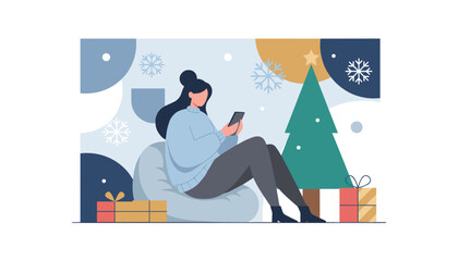 Woman uses smartphone near a Christmas tree and gifts enjoying cozy holiday connection and digital shopping