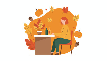 Woman enjoying a cozy autumn moment at table surrounded by fall harvest elements