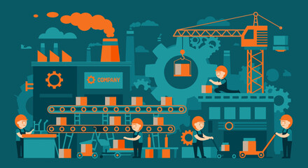 Industrial production line with workers machinery and logistics in a modern factory illustration