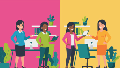 Diverse businesswomen collaborating and working in a modern vibrant office setting illustration