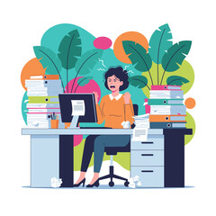 Overwhelmed employee shouting at computer buried in paperwork stress and heavy workload concept