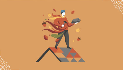 Contractor repairing roof shingles in autumn Fall home maintenance illustration