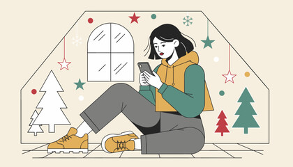 Illustrated woman using phone in a cozy Christmasdecorated attic room during winter holidays