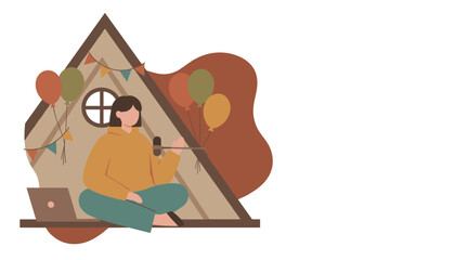 Remote worker recording a podcast in a cozy decorated Aframe tent