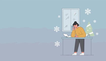 Woman on smartphone at desk during winter holidays Christmas tree and snowflakes suggest seasonal work