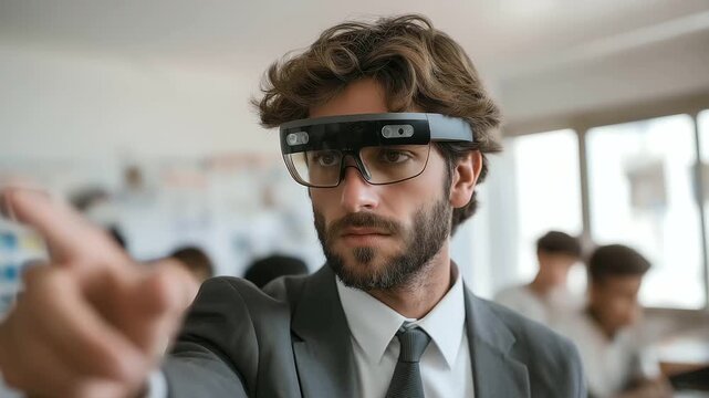 male educator demonstrating augmented reality physics simulation to class muted gasps interactive modern teaching cinematic color correction, gentle backlight, clean negative space, high quality