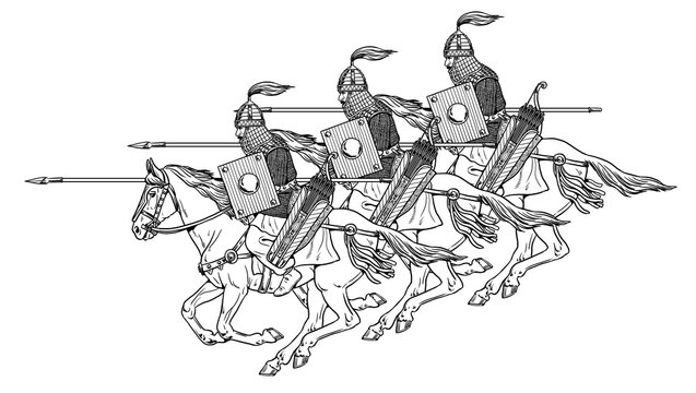 Scythian mounted warriors on attack. Historical illustration. Ancient rider.