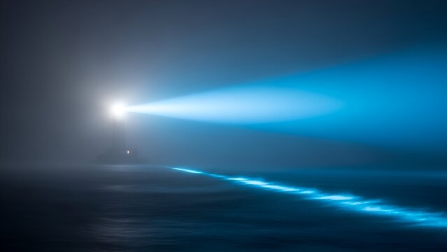 A solitary beacon shines a bright beam through the foggy darkness over the ocean at night