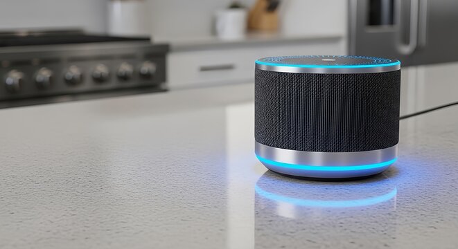 Modern smart home device illuminating with blue light on a countertop