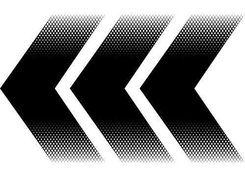 Triple Thick black vector arrow with halftone mesh. Design element. Pointer, direction. Vector background. Modern pattern for games and navigation