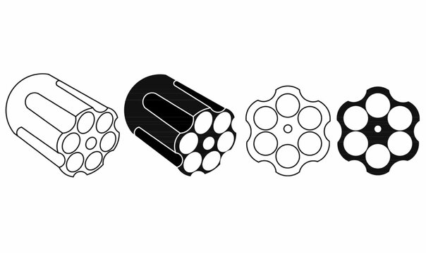 revolver cylinder icon set.side and front view design,for weapon symbol, gun part, or mechanical concept art.outline and silhouette six shooters or sixguns or wheel guns