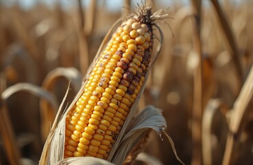 Close-up damaged corn cob in field shows crop disease and agricultural challenges during harvest. Blighted kernels indicate plant health issues affecting food production and farming.