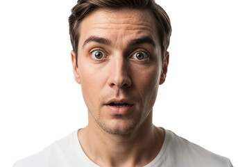 Obraz premium Man shows surprise with wide eyes and an open mouth in front of a plain white background captured indoors