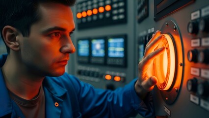 A focused worker in blue scrubs adjusting a large control panel with glowing dials and screens