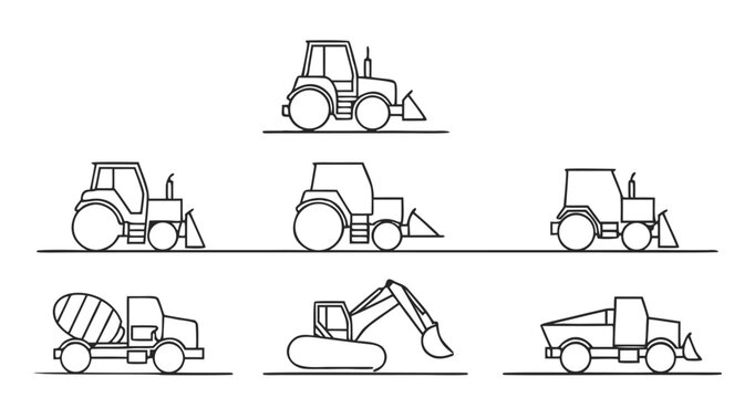 outline web construction vehicles icons such as tower crane, tractor, front loader, suction excavator, mini excavator