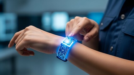 A person interacting with a futuristic, glowing, flexible smart wrist device in a modern setting