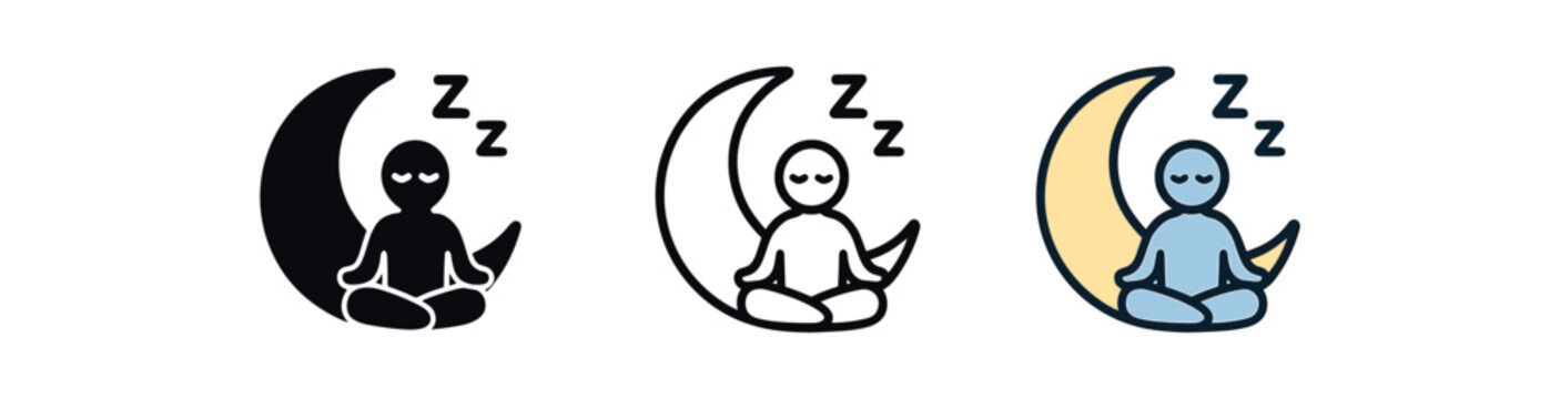 mindful deep sleep moon icon on white background Black silhouette flat icon outline icon and colored icon style three minimal vector icon style