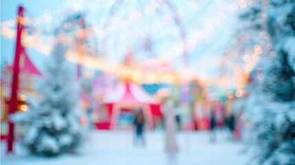 Fototapeta premium Blurred winter wonderland background with sparkling snow and glowing lights.