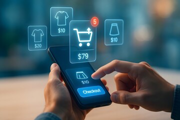 Modern ecommerce experience shows purchase flow on smartphone screen