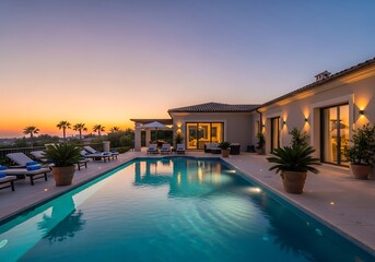 Fototapeta premium Luxurious villa showcasing an outdoor swimming pool at twilight hour